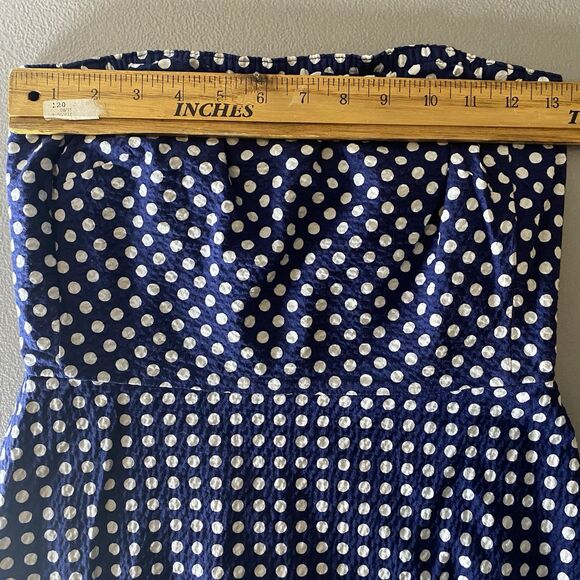 J Crew Strapless Dress Size 4 Blue White Polka Dot Midi Cotton A-Line Zip Pinup - Picture 5 of 9